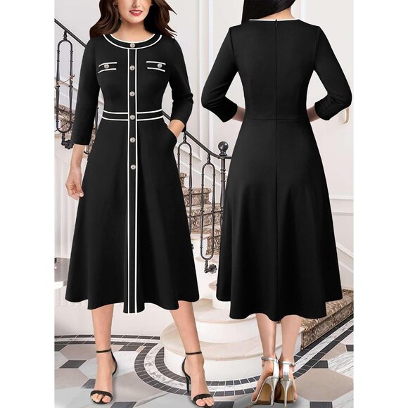 Women's Business Office Dress Slit Fit Flare Midi A-Line Work Casual - Picture 2 of 6